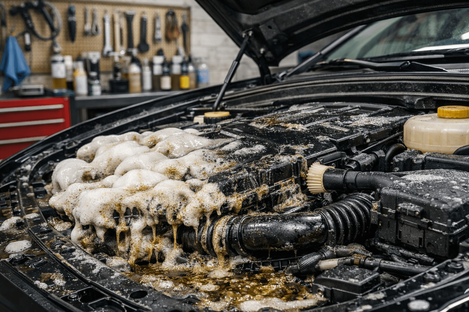 Photo qui illustre une voiture, capot ouvert, dans un atelier dont le compartiment moteur encrassé en cours de nettoyage. La mousse couleur marron indique que le produit désincruste la saleté en profondeur.